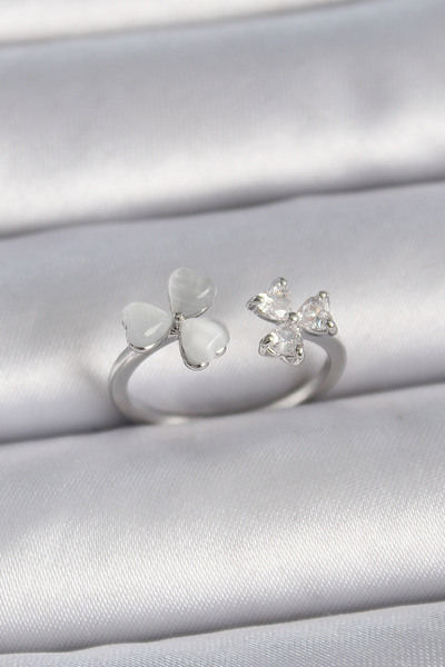 Skygo خاتم نسائي نحاسي فضي اللون قابل للتعديل من حجر الزركون الأبيض المينا عل...