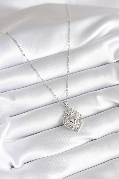 Skygo 316L Steel Silver Color Zircon Stone Detail Crown Heart Model Women's Necklace - TJ-BKO8273