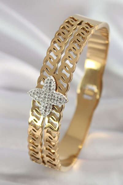 Skygo 316L Steel Gold Color Zircon Stone Flower Model Women's Handcuffs - Tj-...