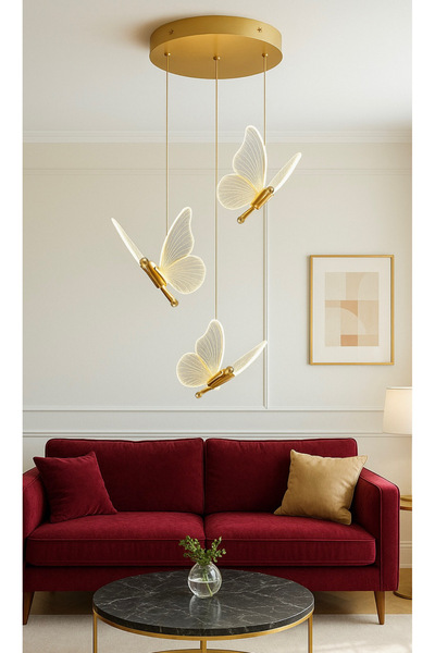 burenze Modern Luxury Tasarım Butterfly Kelebek Üçlü Sarkıt Avize Gold Sarı