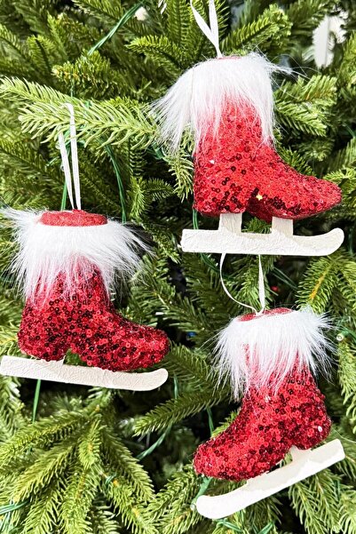 BeySüS Yılbaşı Çam Ağacı Süsü 3’lü Kırmızı Buz Pateni 12 cm