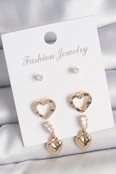 Skygo Brass Gold Color Zircon Stone Dangle Heart Model Women's 3 Pair Earring Set - Tj-Bkp10613