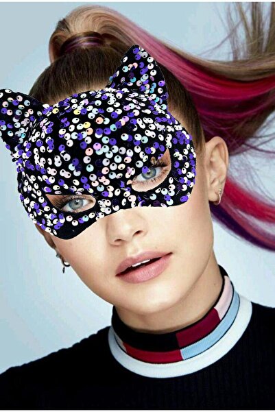 Skygo قناع حفلات مطرز بالترتر باللون الأرجواني والأبيض على قماش مخملي أسود مق...