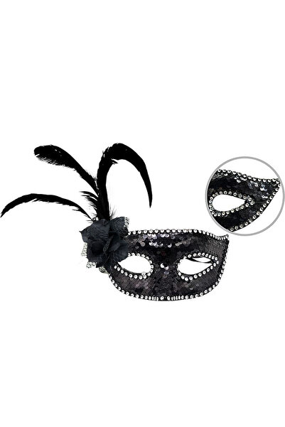 Skygo قناع باللون الأسود مع ريش جانبي وورود وحجر فضي وترتر مقاس 20x22 سم