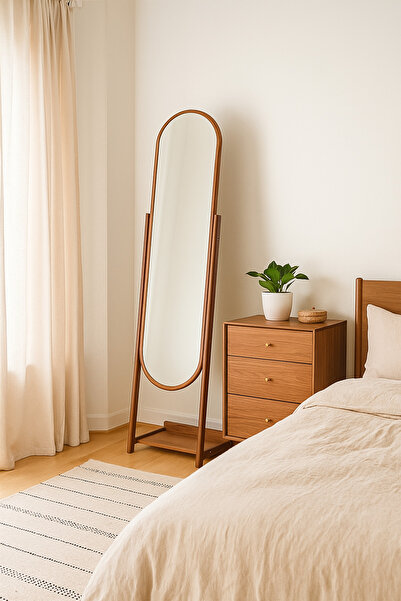 MARIA HOMES Full-Length Oval Standing Mirror 170×44×32 cm – Walnut Wood Frame Dressing Mirror with Base Shelf