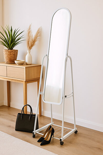MARIA HOMES Full-Length Standing Mirror with Wheels – White Metal Frame Dressing Mirror with Bottom Shelf