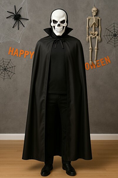 TOYFEST Cadılar Bayramı Halloween Siyah Yakalı 120 cm Pelerin + Kafatası Kuru...