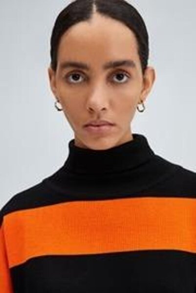 Touche Boğazlı Çizgili Triko Tunik - Kahve