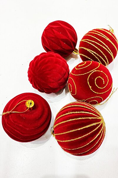 BeySüS Christmas Pine Tree Ornament Velvet Red Ball 8 cm Set of 6