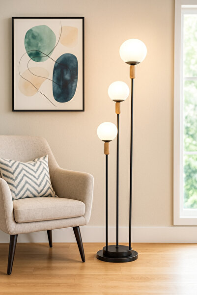 MARIA HOMES Modern Black Floor Lamp with Triple White Globe Lights Metal Stand for Living Room & Bedroom