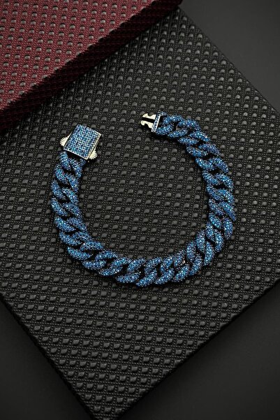 FRNCH 925 Ayar Gümüş Lacivert Zirkon Taşlı Füme Renk Erkek Bileklik FRJ12682-...