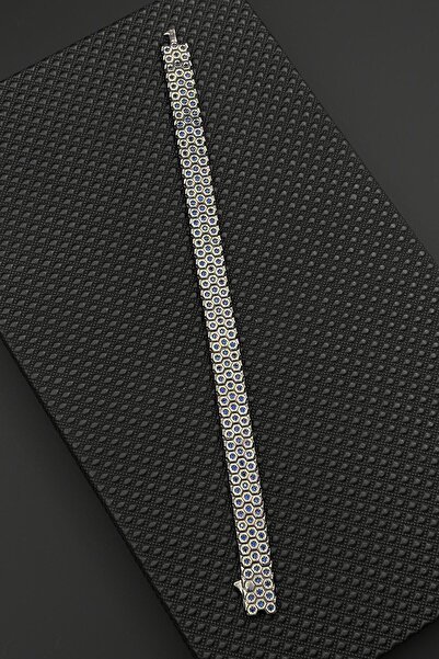 FRNCH 925 Ayar Gümüş Lacivert Zirkon Taşlı Gümüş Renk Erkek Bileklik FRJ12684...