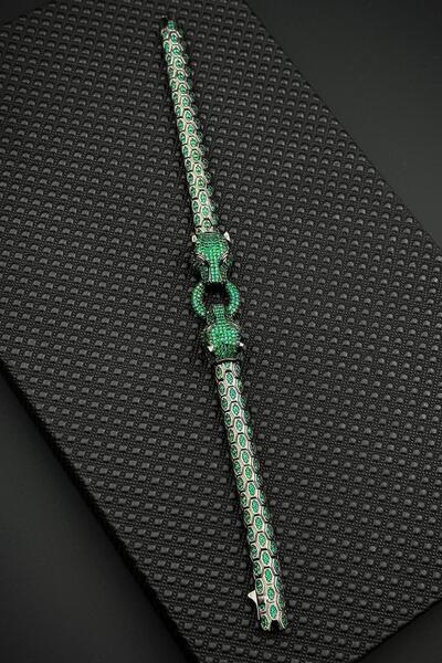 FRNCH 925 Ayar Gümüş Yeşil Zirkon Taşlı Füme Renk Erkek Bileklik FRJ12681-3681-Y