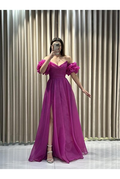 Kaleiçi Yıldızlar Fuşya Balon Kol Kloş Tül Abiye 5162