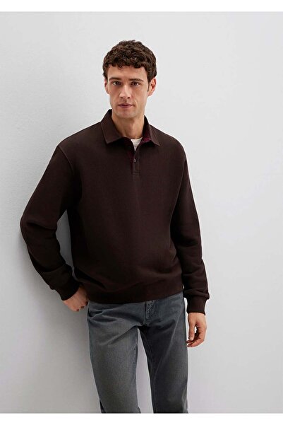 Mavi Yarım Düğmeli Kahverengi Erkek Sweatshirt