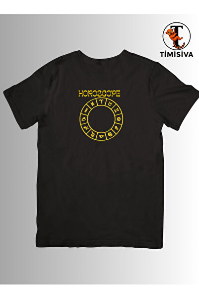 TİMİSİVA Unisex Oversize Burç Printed Cotton Crew Neck Short Sleeve Black T-S...