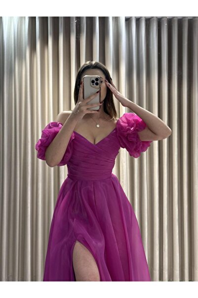 Kaleiçi Yıldızlar Fuşya Balon Kol Kloş Tül Abiye 5162