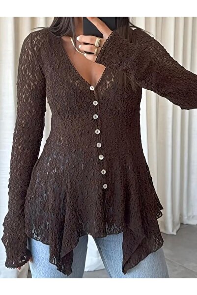 Be Best Дамска кафява асиметрична блуза с копчета и дантела BE181