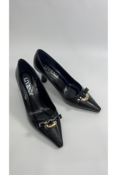 LİVENDİ SHOES Women's Black Patent Leather Buckle Pointed Toe Thin Heeled Cla...