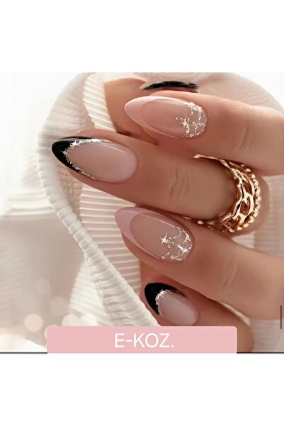 Butik Pembe Siyah French Gümüş Detaylı Nude 24'lü Takma Badem Tırnak Seti