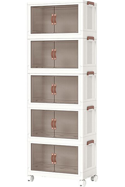 Xess 5-Tier Plastic Storage Bins with Lids, Stackable Foldable Cabinet, 60x36x176 cm, White