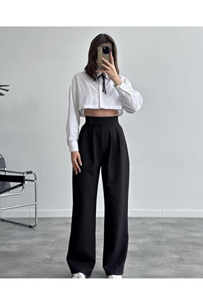 DreamKrest Kadın Siyah Yüksek Bel Palazzo Kumaş Pantolon