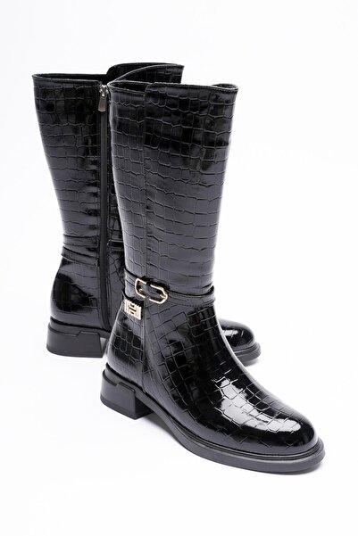 Mubiano حذاء كروفينيا نسائي قصير من الجلد الأسود اللامع مع إكسسوارات ذهبية