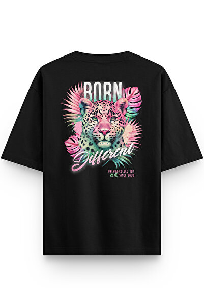 Overoz Born Different Leopard Leopar Sırt Baskılı Yarı Oversize Siyah Tshirt 1403