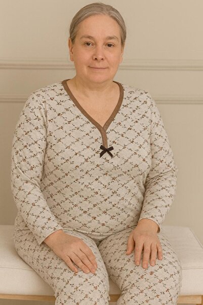Niket Life Kadın Desenli Biye Yakalı Uzun Kol Altı Uzun Penye Anne Pijama Takımı