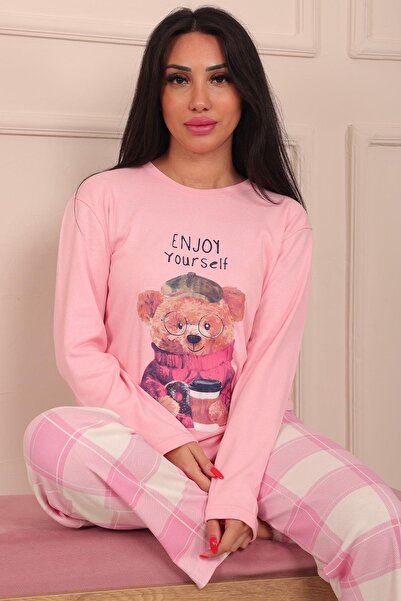 Niket Life Kadın Teddy Bear Desenli Sloganlı Bisiklet Yaka Uzun Kol Altı Uzun İnterlok Penye Pijama Takımı