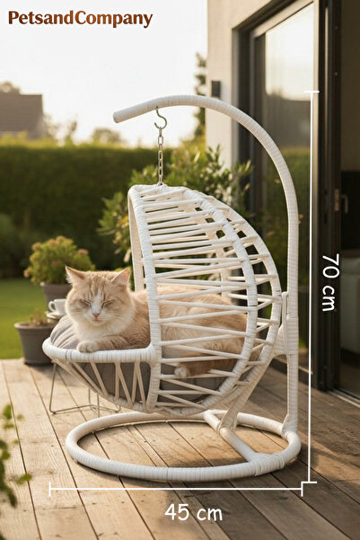 PetsandCompany El Örgüsü Kedi Salıncağı Beyaz Hamak ve Yatak, Kadın Emeği Lüks Tasarım Kedi Evi, Minderli