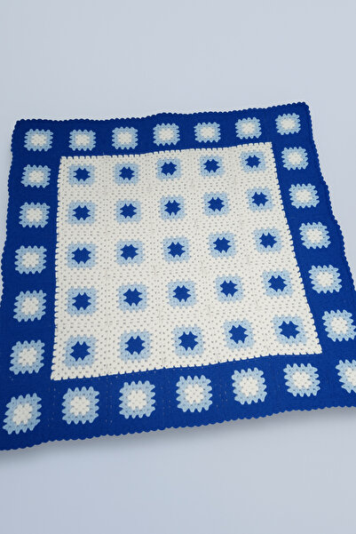 LevanaAZ El Örgüsü Mavi Beyaz Granny Square Battaniye
