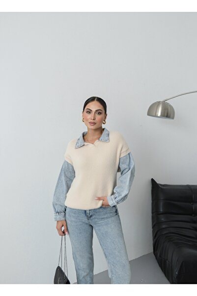 SOLİS MODA Denim Embellished Women's Sweater