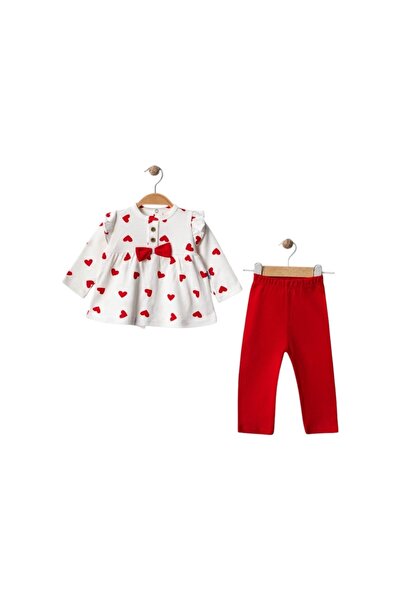 MixMax Bebe Baby Girl Heart Printed Ribbon Detailed Long Sleeve Bottom Top Baby Set 100% Cotton