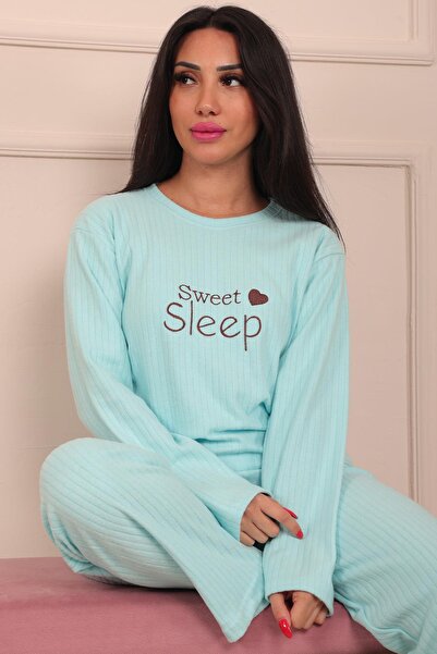 Niket Life Kadın Sweet Sleep Slogan İşlemeli Fitilli Bisiklet Yaka Uzun Kol Altı Uzun Pamuklu Pijama Takımı