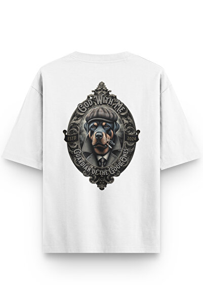 Overoz Guardian Dog Dog Back Printed Semi Oversized White Tshirt 1402