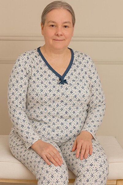Niket Life Kadın Desenli Biye Yakalı Uzun Kol Altı Uzun Penye Anne Pijama Takımı