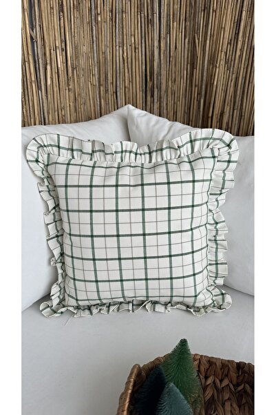 Decamor home Linen Ruffled Ecru Green Striped Throw Pillow Cover 1St. Quality 1 Piece