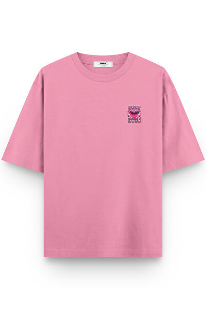 Overoz Μπλουζάκι Fake Love Back με τύπωμα Semi oversized Pink 1404