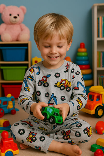 Arya Nisa Kids Boys' Gray Yellow Working Machine Printed 100% Cotton Pajama Set