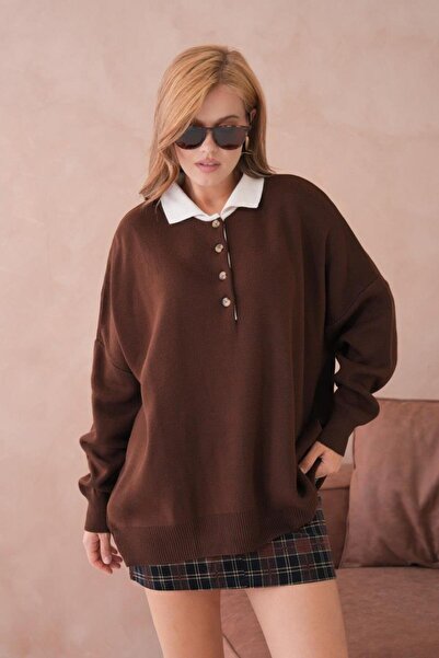 Relax Mode Women's Polo Neck Buttoned Oversize Knit Sweater - 12268R