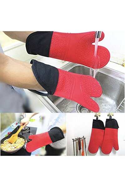 PUFO Simple silicone oven mitt for grill or oven, lined, 37 cm, red/black
