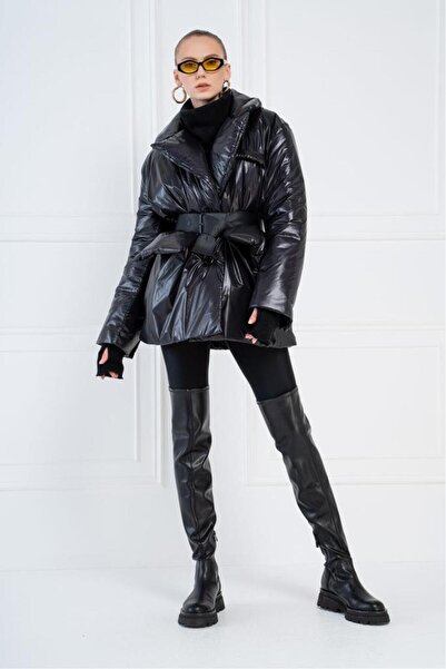 OLLEVRA Φουσκωτό μπουφάν με ζώνη, μαύρο, γυναικείο