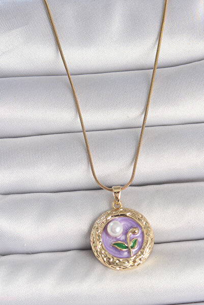 Skygo 316L Steel Gold Color Chain Purple Flower Embroidered Pearl Detail Port...
