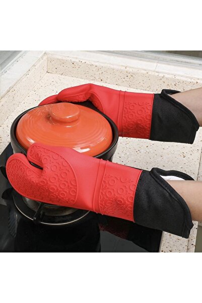 PUFO Simple silicone oven mitt for grill or oven, lined, 37 cm, red/black