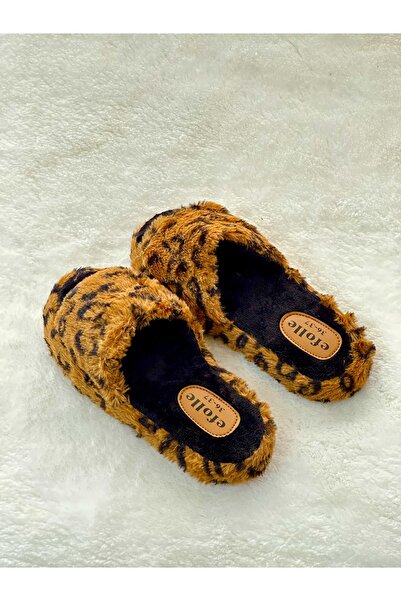 Bayramoğlu Leopar Desenli Önü Açık Peluş Ev Terliği