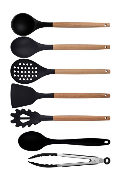 Atlas Mutfak Black Bamboo Silicone - Set of Ladle, Spoon, Colander, Pasta Str...