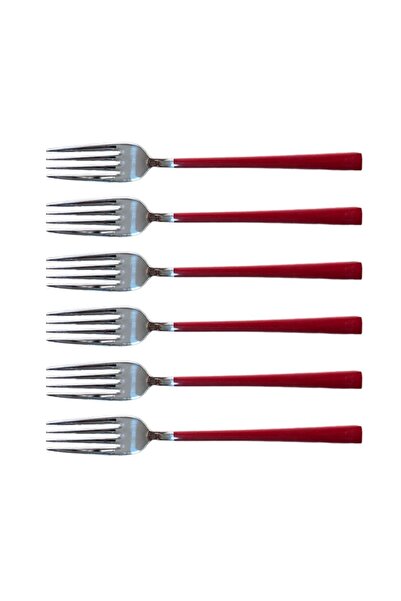 Atlas Mutfak Shiny Silver Red Dessert Fork And Spoon Set - 12 Piece Breakfast Cake Dessert Fork Spoon Set