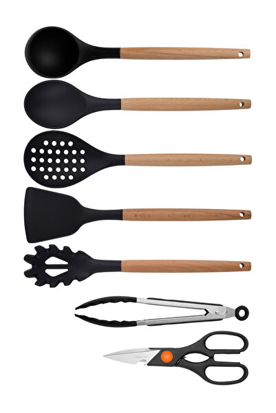 Atlas Mutfak Black Bamboo Silicone - Set of 7 Utensils: Ladle, Spoon, Colande...