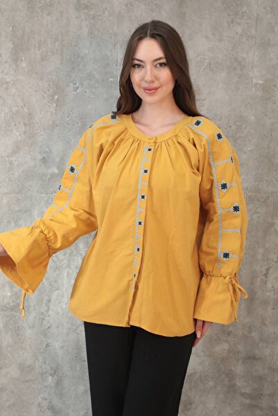FİSTAN DİYARI Büzgülü volan kol detaylı nakışlı gömlek
